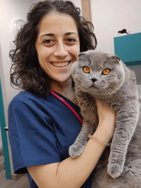 Carme Juvés, veterinaria de Lovet, con un gato en brazos