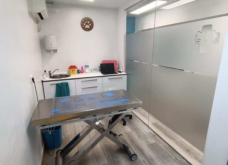 Sala de espera de un consultorio con una mesa de examen y una silla azul.
