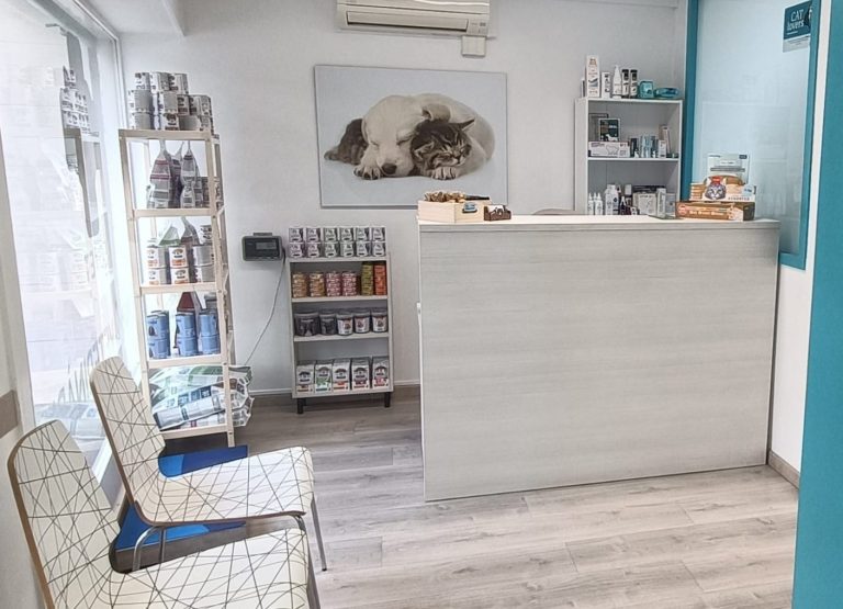 Recepción de oficina moderna con asientos, estantes y televisión en la pared.