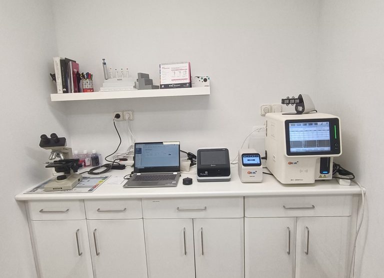 Estación de trabajo de laboratorio con equipos y materiales de análisis.